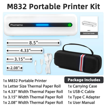 Phomemo Portable Thermal Printer, M832 Wireless Bluetooth Printer, Inkless Printer for Phone Laptop, Support 8.5'' X 11''/A4/2.08''/3.15''/4.33'' Thermal Paper, Small Travel Printer for Car Office Home
