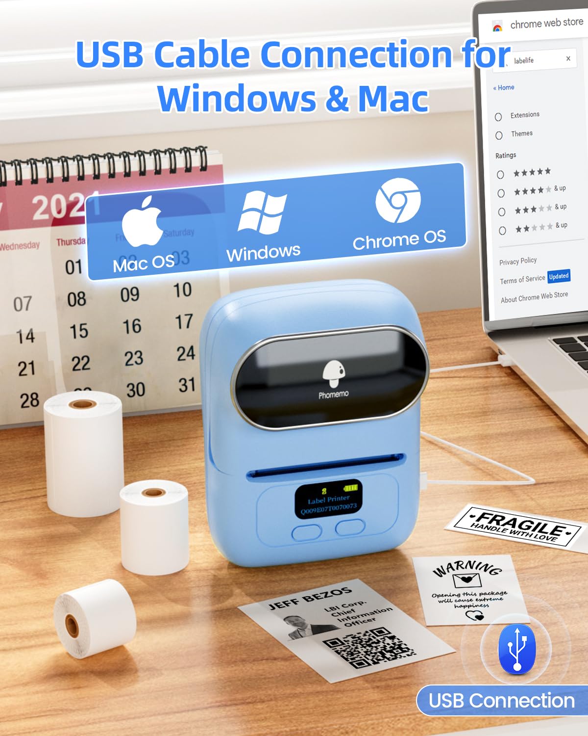 Imprimante d'¨¦tiquettes portable Phomemo M110, imprimante d'¨¦tiquettes thermique pour ¨¦tiqueteuse d'¨¦tiquettes adh¨¦sives Bluetooth, pour la vente au d¨¦tail, le commerce, le bureau - bleu