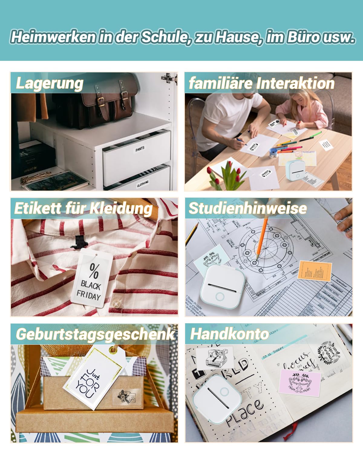 Papier für Sticker Drucker, Drucker Papier für Taschendrucker, Thermopapier für T02/Q02/M02X/M02L, 10 Jahre Klebrig Phomemo Papier, Schwarz auf Weiß Liene Fotodrucker Papier, 3 Rollen 50mm*3.5m
