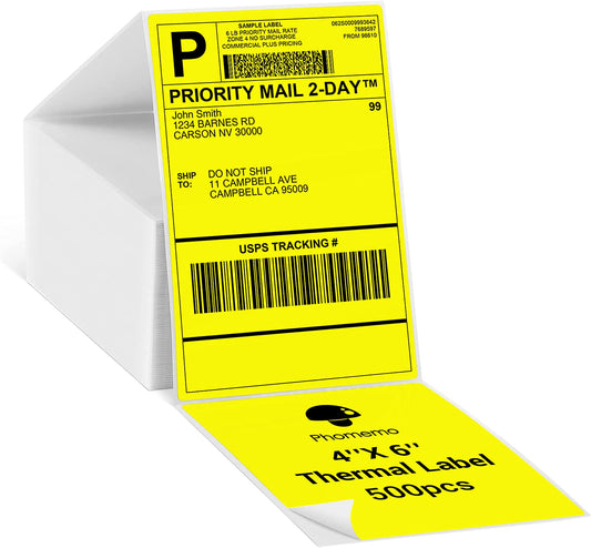 Phomemo 10x15 cm (4x6'') thermische printerlabel, thermisch direct verzendlabel, verpakkingslabel, compatibel met Rollo Dymo Phomemo en andere 4x6'' labelprinters, 500 4x6'' fanfold label, geel
