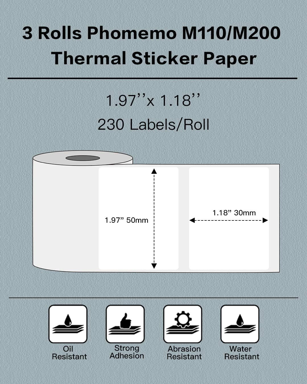 Phomemo 3 Rolls M110/M221/M220/M120/M200/M110S Thermal Paper 1.97''x1.18''(50x30mm)- Multi-Purpose Square Self-Adhesive Label for Price Tag, Barcode Label, Address Label, 230 Labels/Roll, Black on White