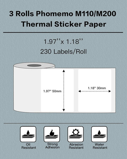 Phomemo 3 Rolls M110/M221/M220/M120/M200/M110S Thermal Paper 1.97''x1.18''(50x30mm)- Multi-Purpose Square Self-Adhesive Label for Price Tag, Barcode Label, Address Label, 230 Labels/Roll, Black on White