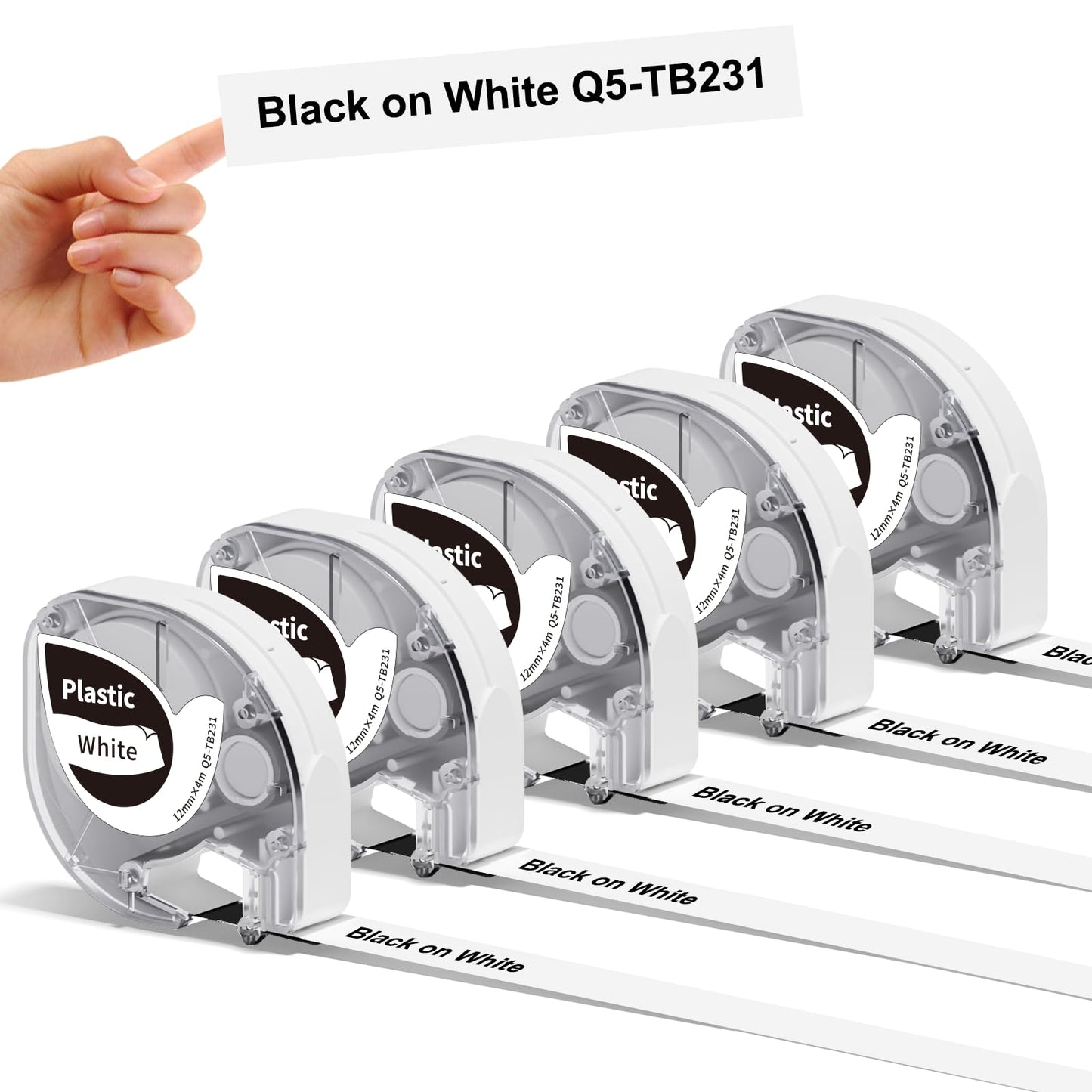 5x Phomemo P12 Nero su nastro di plastica bianco per etichette, nastro 12mm x 4m, per la stampante di etichette Phomemo P12, come sostituzione per Dymo LetraTag LT100H LT100T QX50 XR XM 2000 Plus