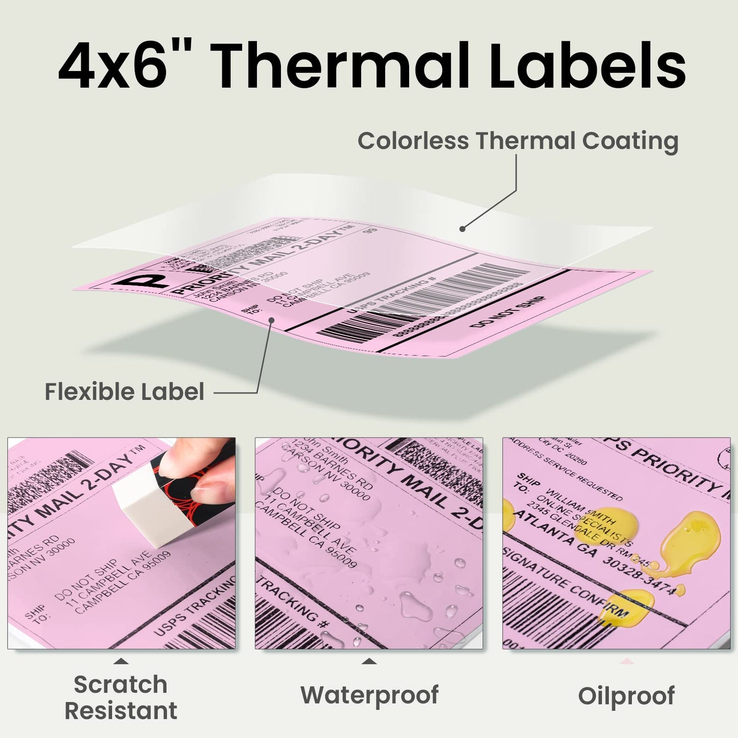 Phomemo 4X6'' Thermal Shipping Labels -Fan-Fold Labels-for Shipping Labels, Address, Mail, Product Logo Labels, 500pcs,Pink
