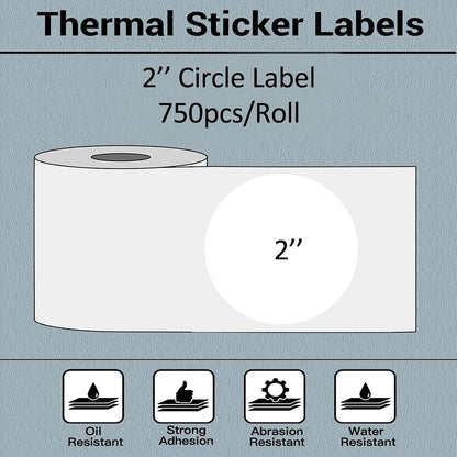 Phomemo 2x2 White Circle Thermal Direct Shipping Label, 2''x 2'' Roll Labels, Thermal Sticker Label For Logo, Package, DIY Design, Address, 1 Pack 750 Labels