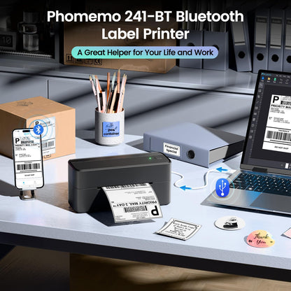 Phomemo 241BT Imprimante d'étiquettes Bluetooth Imprimante Thermique 4x6, DHL Imprimante d'étiquettes Autocollante Bluetooth lmprimante Thermique pour Codes-Barres, Amazon, UPS, DHL, Shopify, Ebay