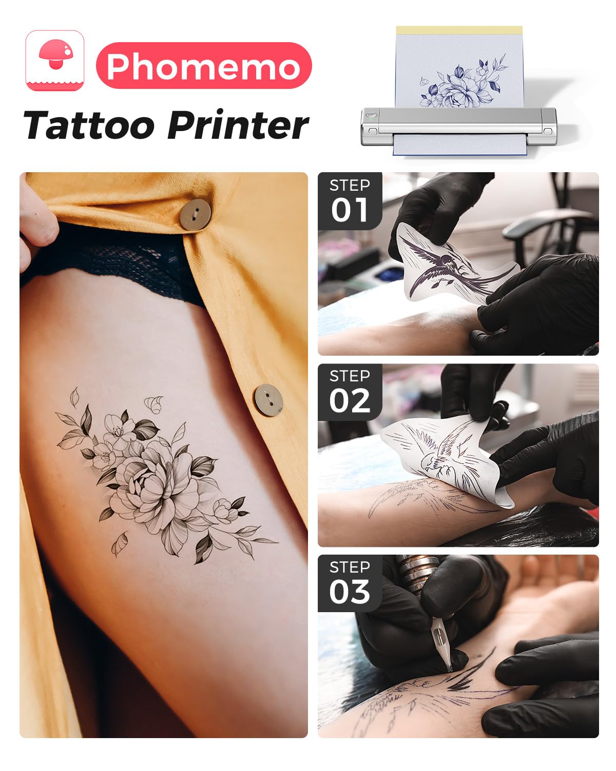 Phomemo Tattoo Stencil Printer with Case, Bluetooth Tattoo Printer with 10 Pcs Tattoo Transfer Paper, Wireless Tattoo Machine for Tattoo Artists & Beginners, Compatible with Phone, iPad & PC, Sliver