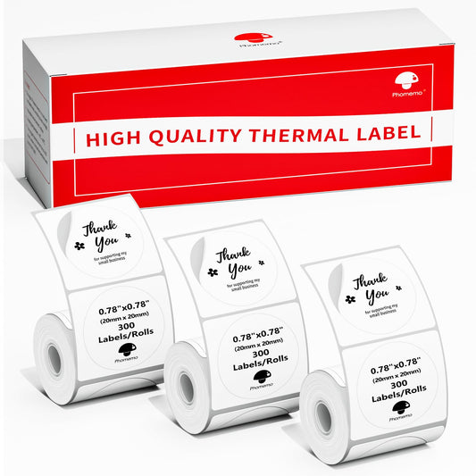 [3x300 pcs] Phomemo Thermal Sticker Label Paper, Multi-Purpose Self-Adhesive Tag for M110, M220, M120, M200, M221 Label Maker Machine, Phomemo Original Labels 0.78''x0.78'' (20x20mm), Black on White