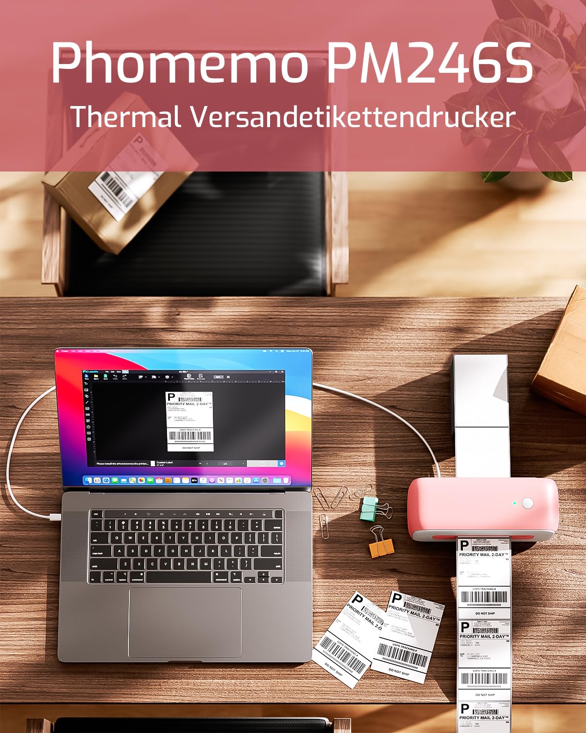Phomemo Stampante Termica Di Etichette USB,Stampante Etichette Di Spedizione 4x6,PM246S Stampante Di Indirizzo Postale Per Piccole Imprese,Compatibile Con Amazon,EBay,Shopify,Etsy,FedEx,UPS (Rase)