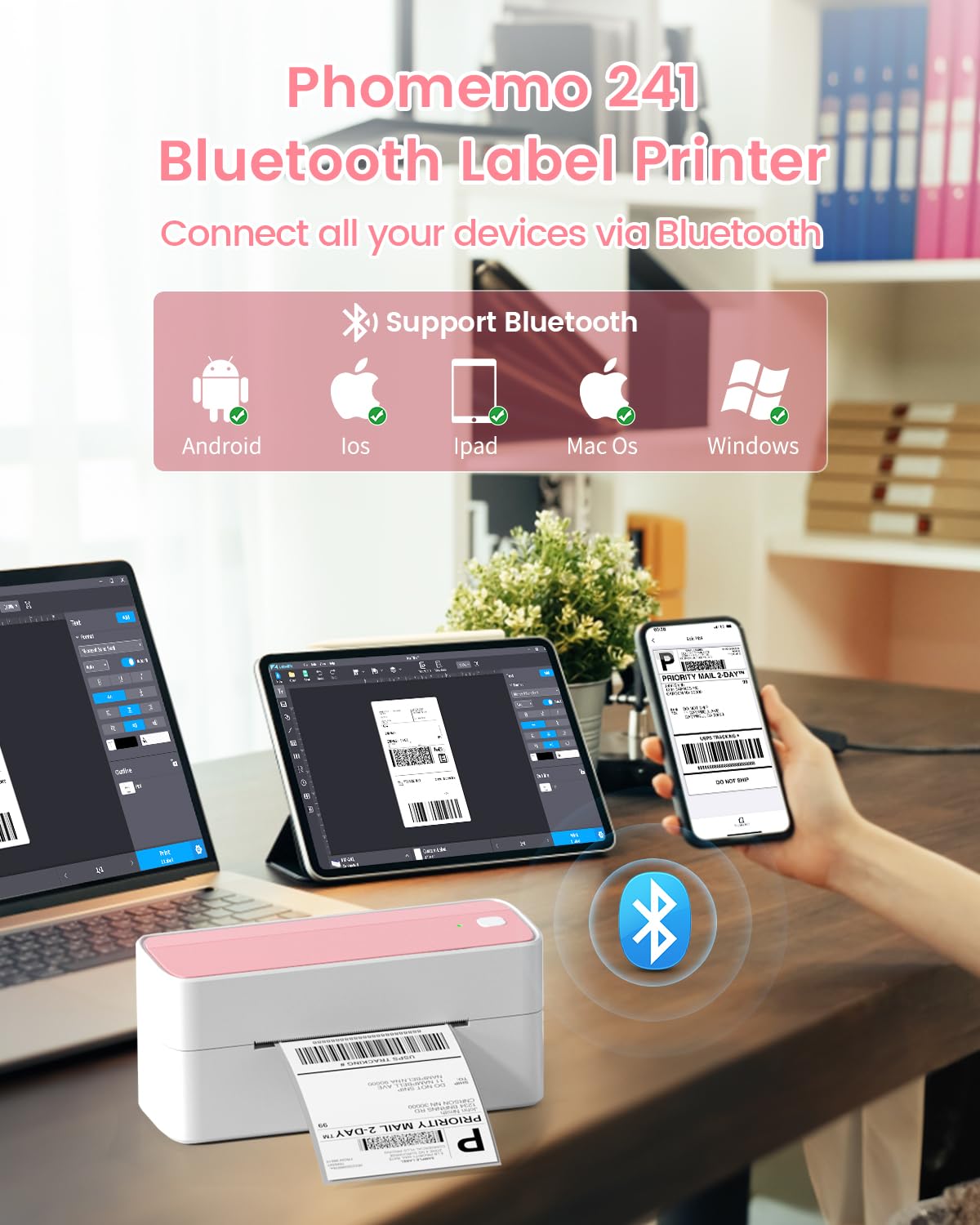 Phomemo 241BT Bluetooth Label Printer, 4x6 DHL Thermal Printer, Corporate Adhesive Label Printers, UPS, Amazon, DHL, Shopify, Ebay - Pink