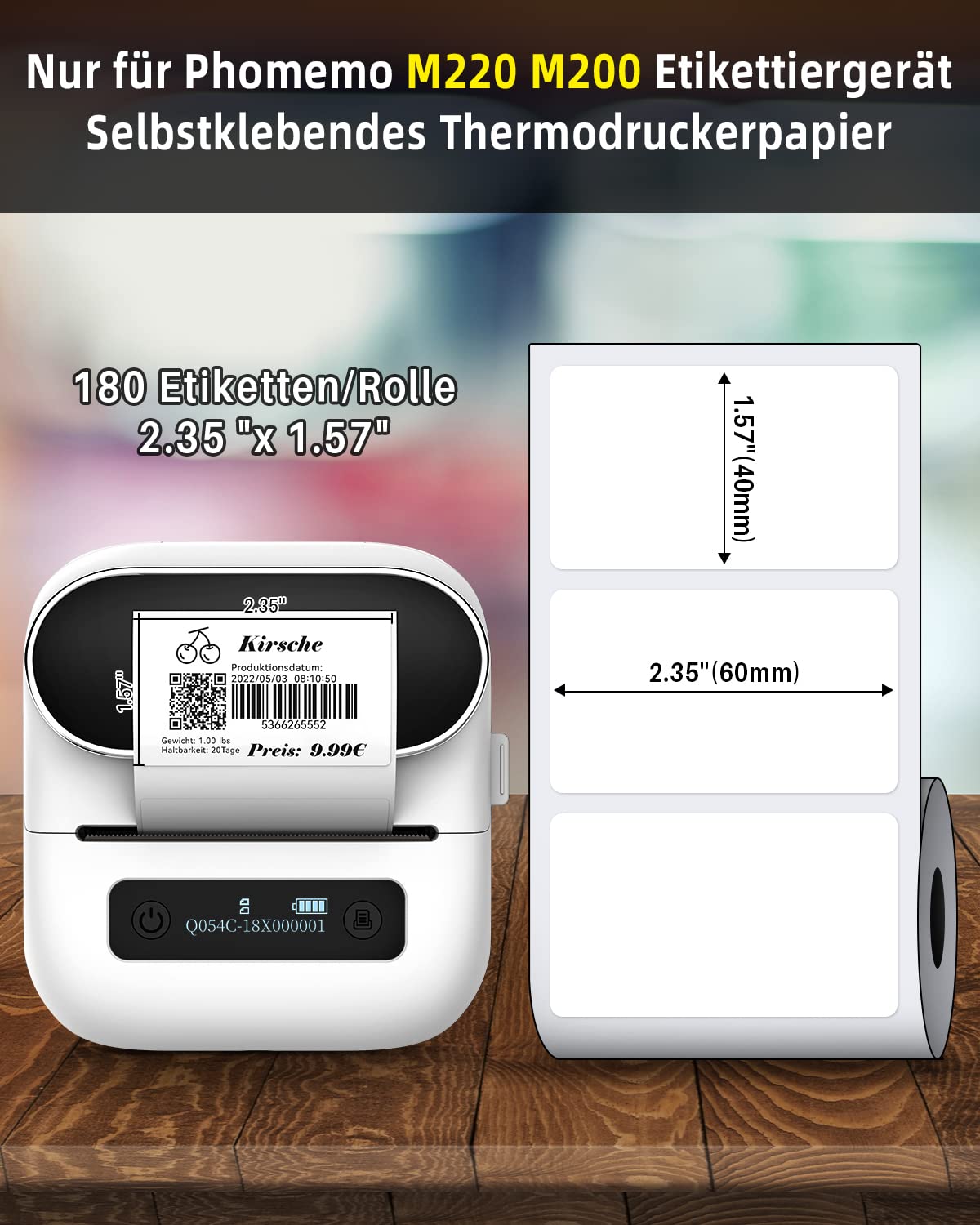 Phomemo thermal labels, thermal label paper for label printers M220 M200, multifunctional adhesive label, address label, price tag, 60 x 40 mm (2.35 x 1.57 inch), 180 labels/roll