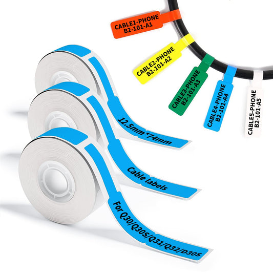 Phomemo Q30 Q30S Q31 Q32 D30 D30S D35 Cable Labels Colorful Waterproof Wire Cord Labels, (12.5mm X 74mm) 65 Labels/Roll, Tags Stickers Tear Resistant Flexible, Phomemo Label Tape, Blue, 3 Roll