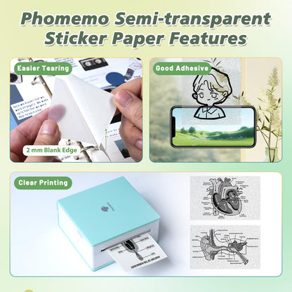 Phomemo Semi-Transparent Sticker Thermal Paper, Self-Adhesive for for Phomemo M02/M02 Pro/M02S/M03 Mini Pocket Printer,50mm x 2.5m, Diameter 30mm, 3 Rolls