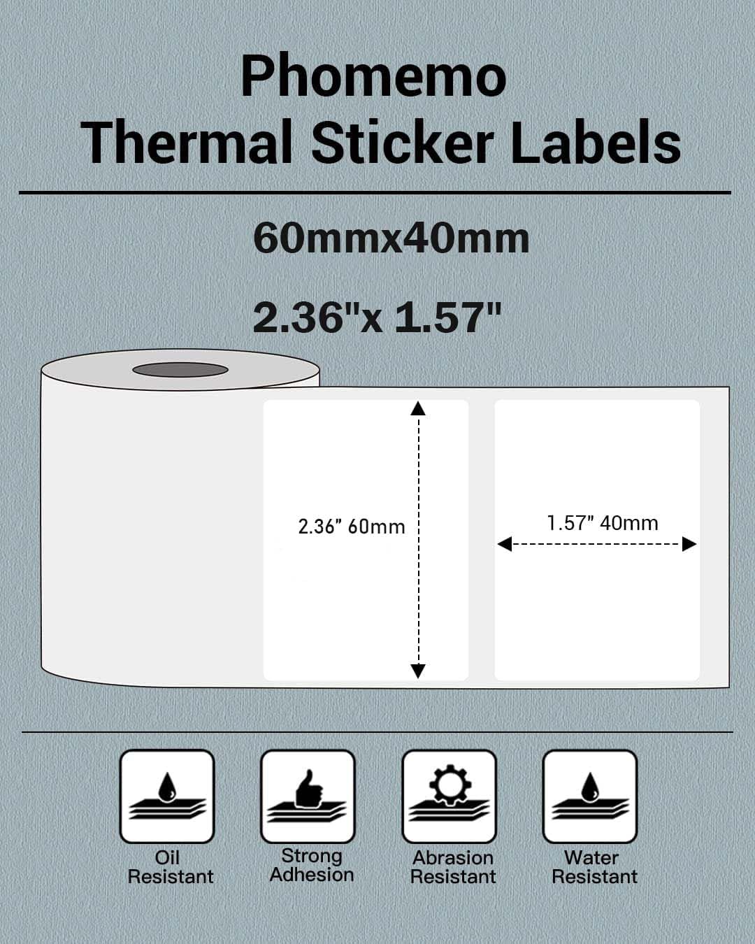 Phomemo Thermal Sticker Labels- 2.36''x1.57''(60x40mm) Thermal Label for M221/M220/M200, for Barcode/Address/Mailing/Logo/Business/Home Tag, Black on White