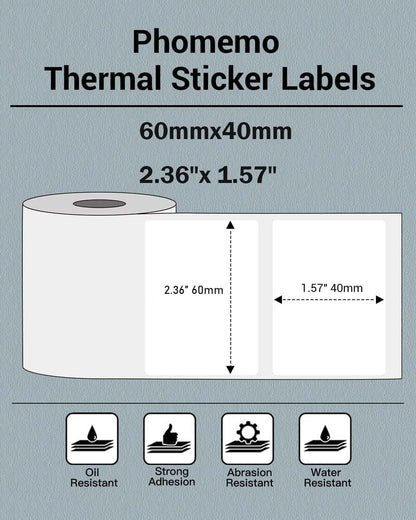 Phomemo Thermal Sticker Labels- 2.36''x1.57''(60x40mm) Thermal Label for M221/M220/M200, for Barcode/Address/Mailing/Logo/Business/Home Tag, Black on White