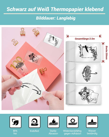 Papier für Sticker Drucker, Drucker Papier für Taschendrucker, Thermopapier für T02, Langlebig Klebrig Phomemo Papier, Schwarz auf Transparent Liene Fotodrucker Papier, 3 Rollen 50mm*3.5m