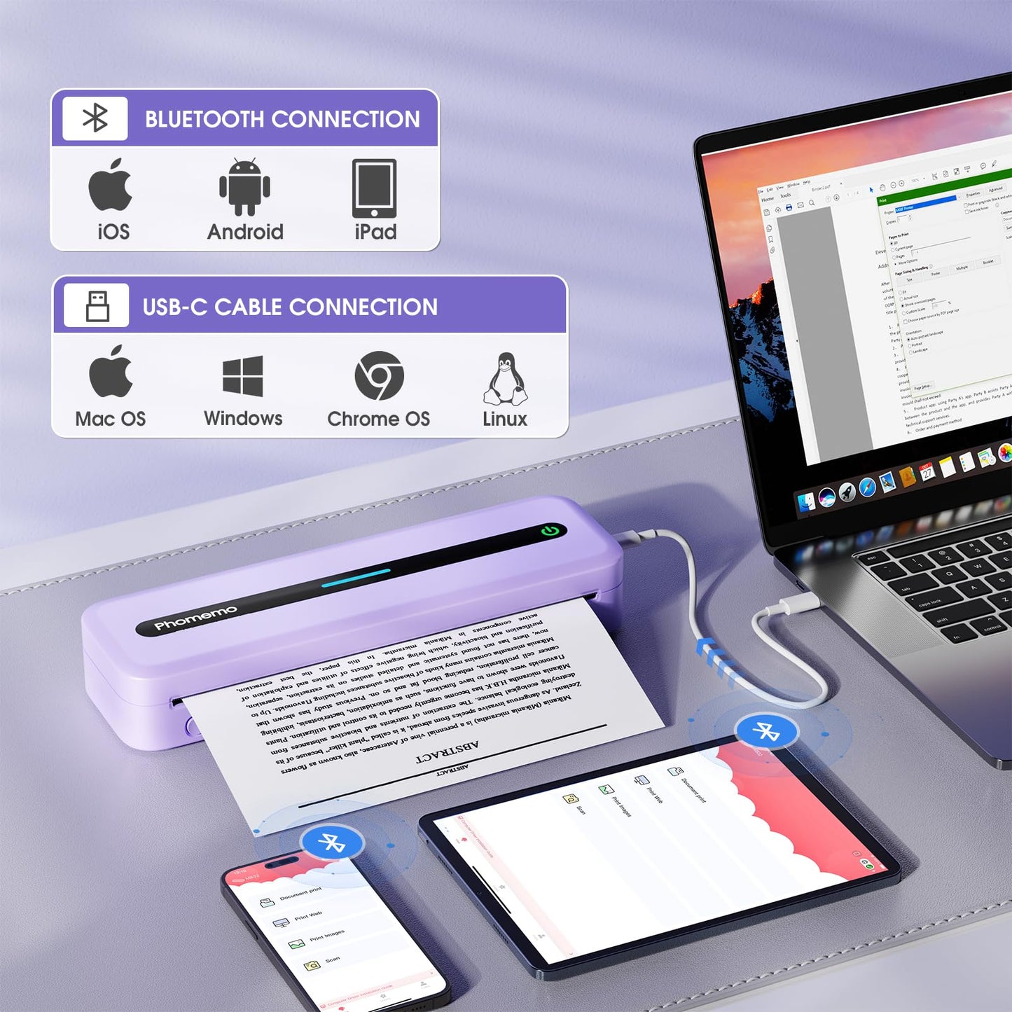 Phomemo Portable Printers Wireless for Travel, Inkless Thermal Printer, M832 Compact Bluetooth Printer for Phone Laptop, Small Mobile Printer Support 8.5''x11''/A4/4.33''/3.15''/2.08'' Thermal Paper