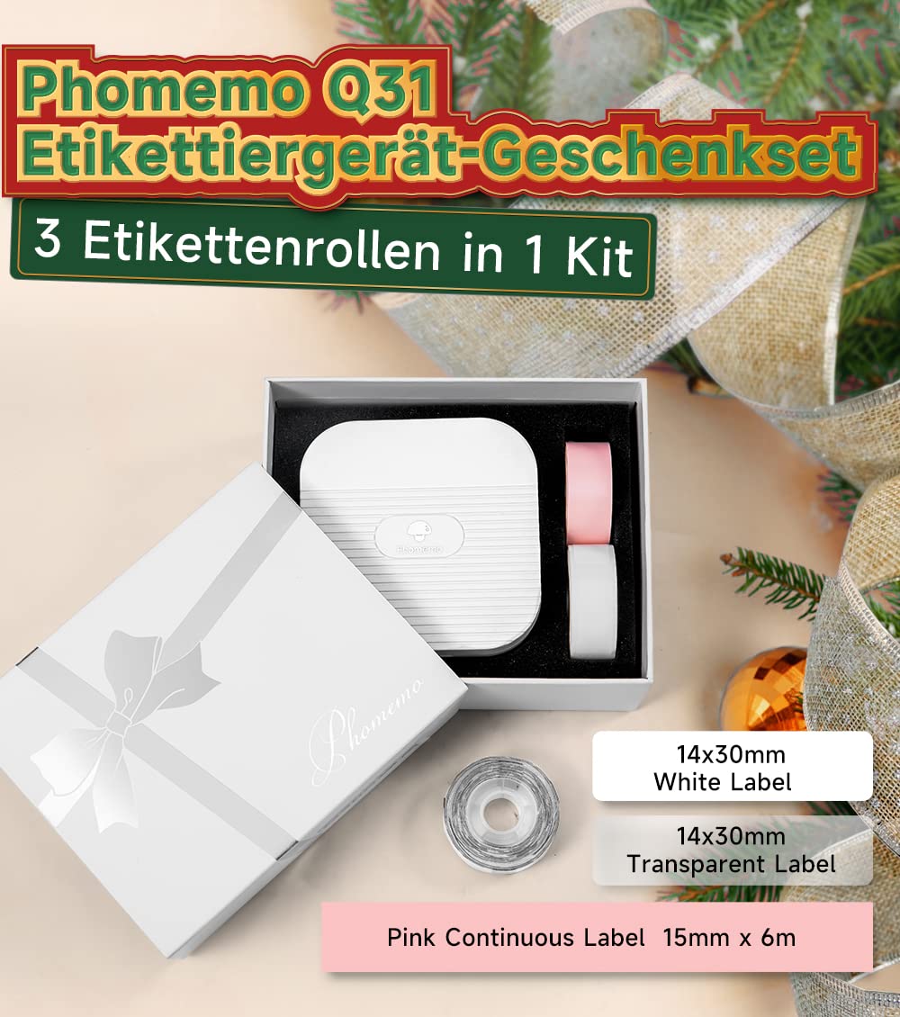 Phomemo Q31 Bluetooth Labeller, Geschenkset Q31 Label Printer voor uw familie en vrienden, Zelfklevende Labeller voor Thuis & Kantoor-met 3 Labelrollen (Wit)