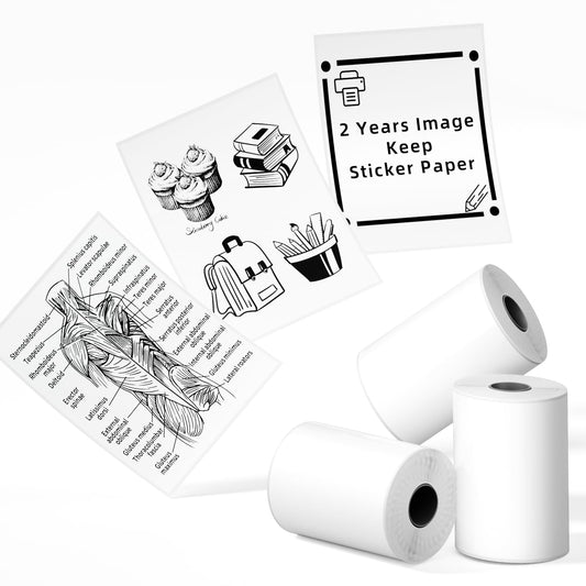 Phomemo T02/M02X/M02L Sticker Paper- Thermal Paper for Study Notes, Photo, DIY, Stickers, 2 Years Black on White Sticky Paper 50mm x3.5m, 3 Rolls