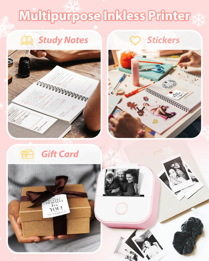 Phomemo T02 Sticker Printer- Inkless Printer Mini Printer Sticker Maker Bluetooth Thermal Pocket Printer for Study Notes, Stickers, Photos, DIY Printing, with 3 Rolls Paper, Pink