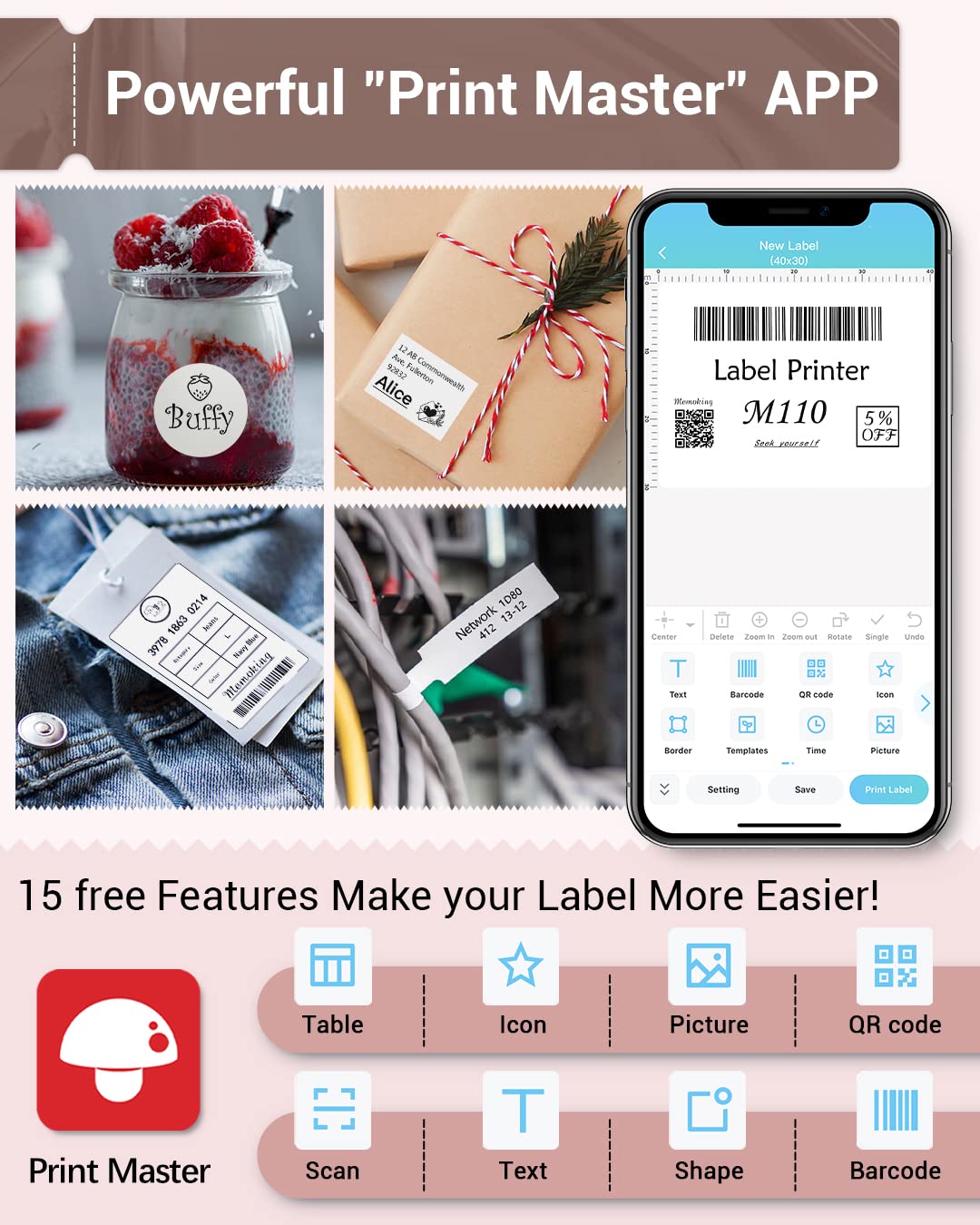 Label Printer - Phomemo-M110 Portable Bluetooth Thermal Mini Label Maker Machine, Sticker Maker, Barcode Printer, Apply to Labeling, Office, Cable, Retail, Compatible with Android & iOS System