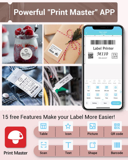 Label Printer - Phomemo-M110 Portable Bluetooth Thermal Mini Label Maker Machine, Sticker Maker, Barcode Printer, Apply to Labeling, Office, Cable, Retail, Compatible with Android & iOS System