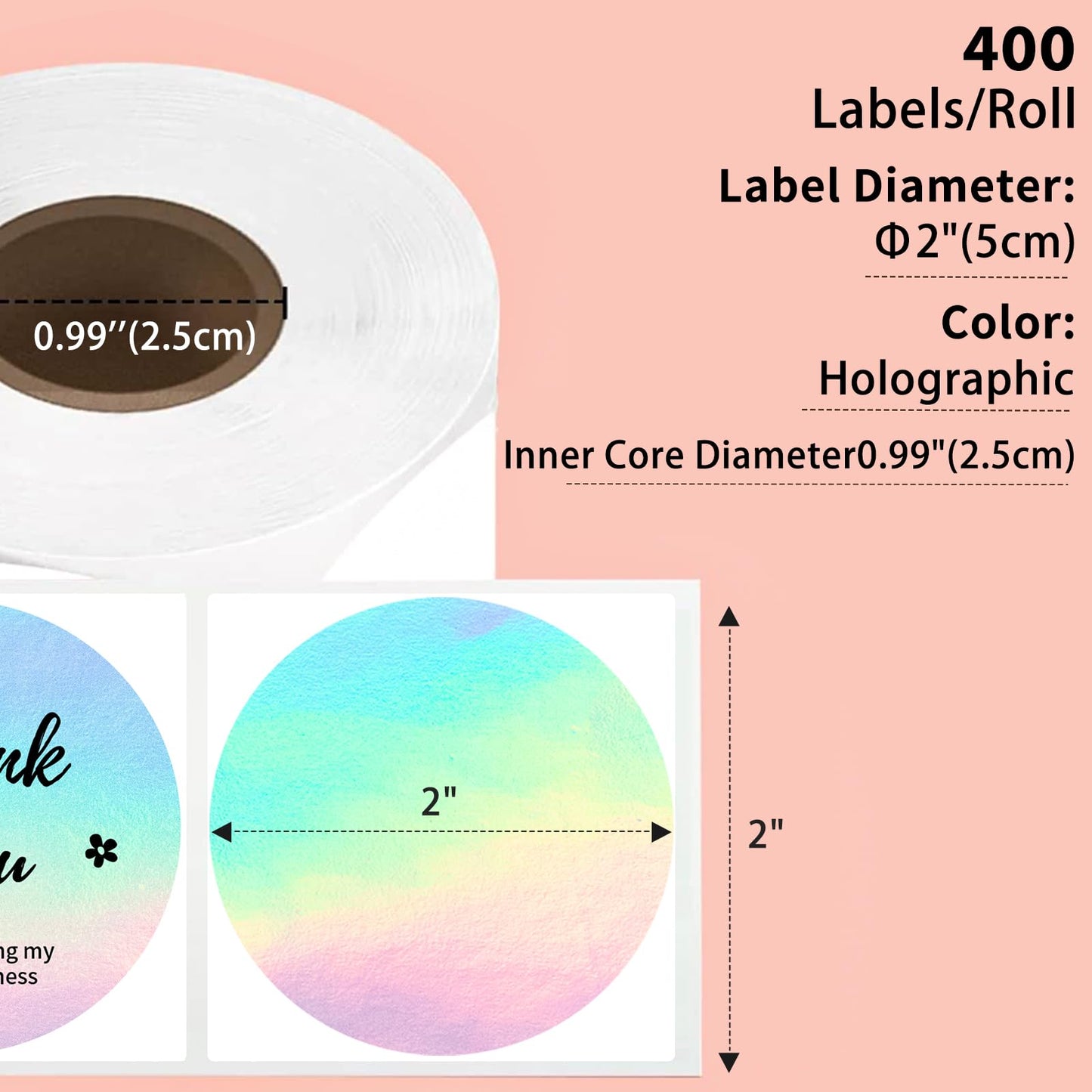 Phomemo 2 inch ronde laser Dazzle etiketten, 400 etiketten/rol, compatibel met MUNBYN, Phomemo, Polono labelprinter, BPA-vrije verzendlabels, zelfklevende thermische etiketten voor logo, code