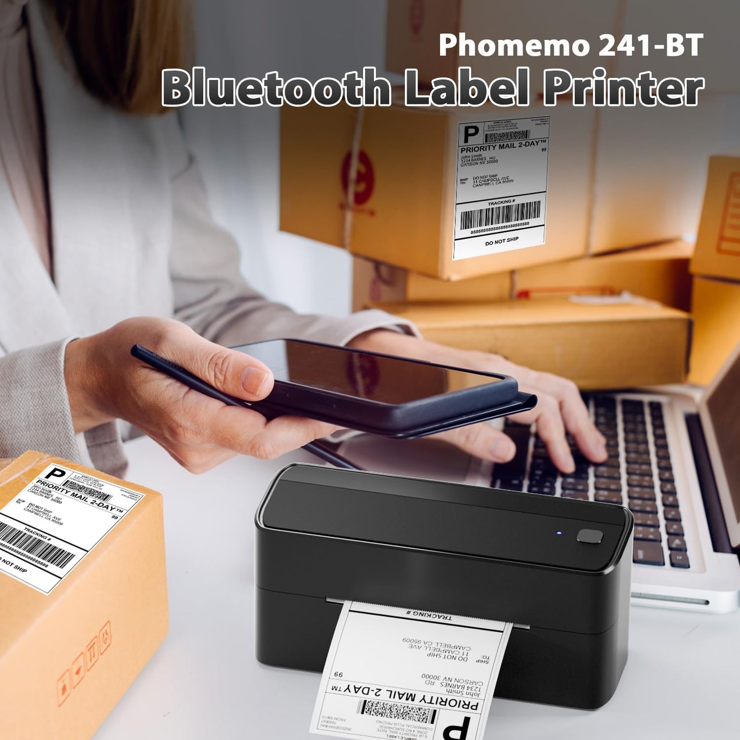Phomemo 241BT Imprimante d'¨¦tiquettes Bluetooth Imprimante Thermique 4x6, DHL Imprimante d'¨¦tiquettes Autocollante Bluetooth lmprimante Thermique pour Codes-Barres, Amazon, UPS, DHL, Shopify, Ebay