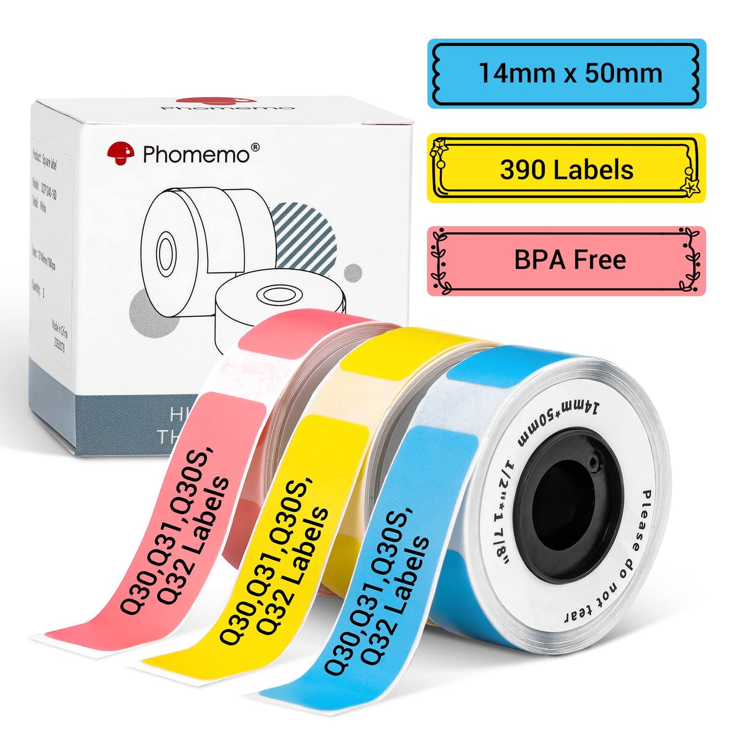 Phomemo Q30S ¨¦tiquettes, 14 ¡Á 50 mm Couleur (Jaune/Rose/Bleu) ¨¦tiquettes Thermiques Autocollantes pour Imprimante d'¨¦tiquettes Phomemo D30,Q30S,Q31, 130 ¨¦tiquettes/par Rouleau, 3 Rouleaux