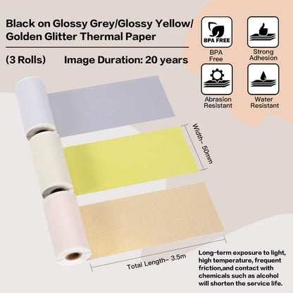 Phomemo Printer Paper - M02/M02Pro/M02S/M03/M03AS/M04S/M04AS Mini Sticker Printer Paper, Gold/Yellow/Grey Mini Pocket Printer Paper in Adhesive Decal Paper, 3 Rolls