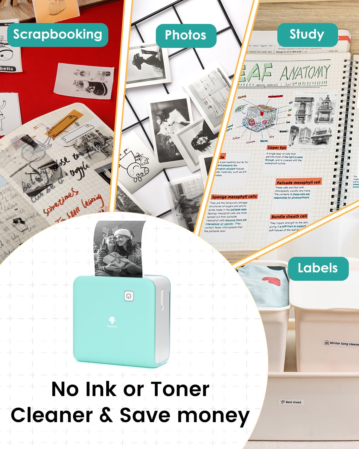 Phomemo Mini Drucker, M02 Pro Tiny Printer 300 DPI Mini Drucker für Smartphone,Taschendrucker Bluetooth Thermodrucker mit 3 Papierrollen, Aufkleberdrucker für Studiennotizen, Fotos, Etiketten