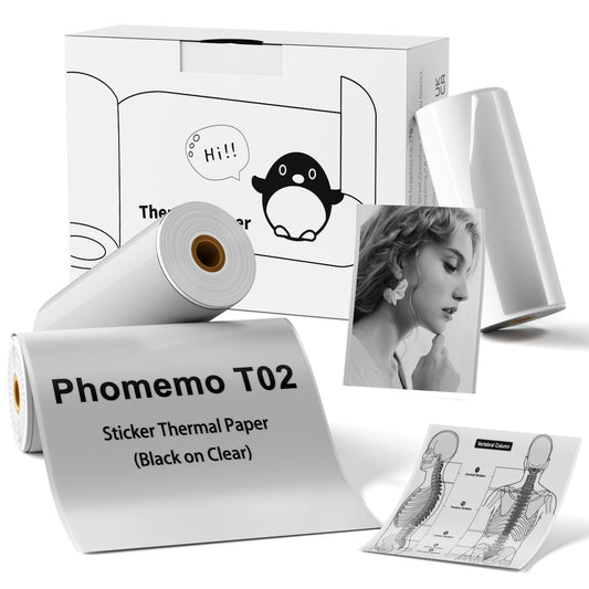 Phomemo T02 Transparent Adhesive Thermal Paper, Sticker Paper Printer Label, 1.96'' x 11.4' (50mmx3.5m/Roll), Black Text, Keep for Long Time, 3 Rolls