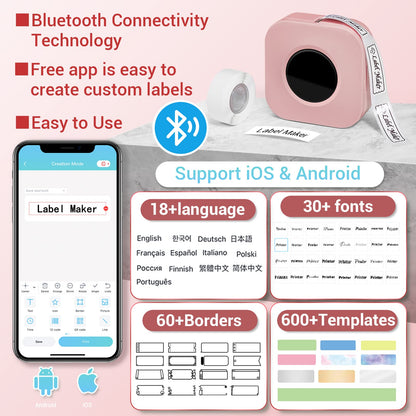 Phomemo Q30S Bluetooth Label Maker Machine with tape,Mini Thermal Wireless Label Printer Handheld for iOS & Android, Portable Sticker labeling Machine for Home,OfficeSchool-With 1 Roll Label (Pink)