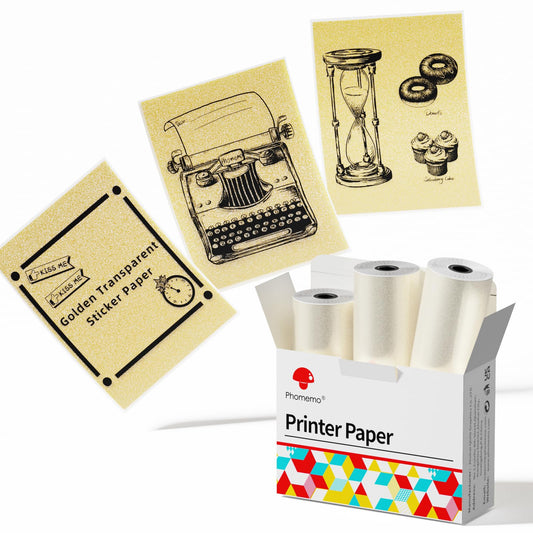 Phomemo Adhesive Transparent Gold Thermal Paper for Phomemo M02/M02 Pro/M02S/M03 Mini Pocket Printer 50mm x 3.5m, Diameter 30mm, 3 Rolls