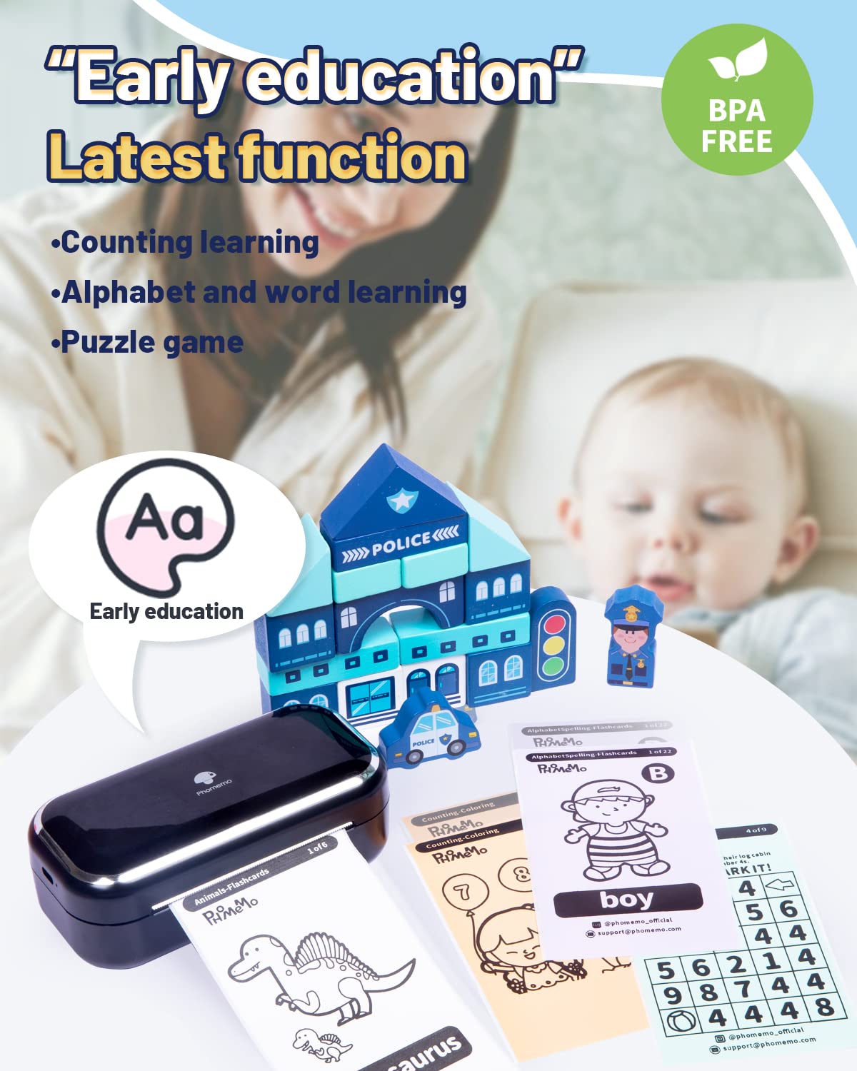 Phomemo M03 Mini Printer,3 inches Portable Thermal Printer Bluetooth Sticker Printer 53/80mm Printing Width,Compatible with iOS & Android,Ideal, Study Notes,Images,Scrapbooking-Black