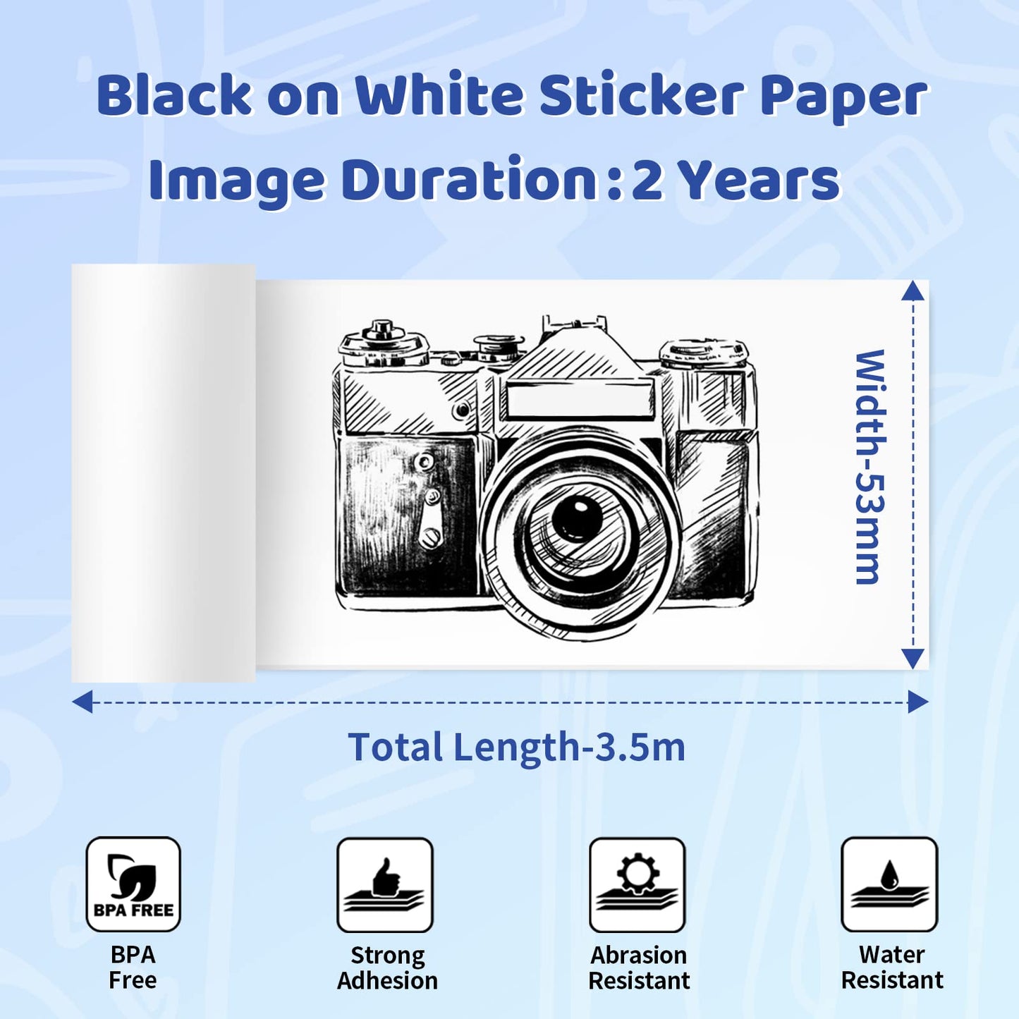 Phomemo T02/M02X/M02L Sticker Paper- Thermal Paper for Study Notes, Photo, DIY, Stickers, 2 Years Black on White Sticky Paper 50mm x3.5m, 3 Rolls