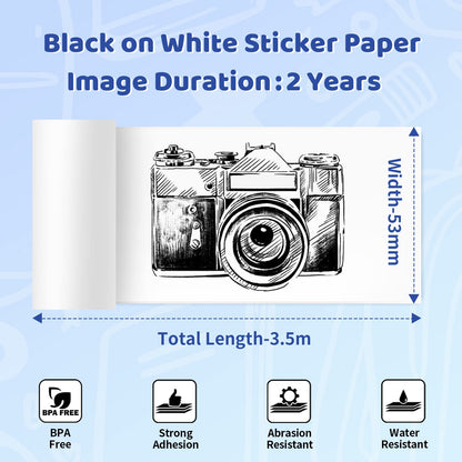 Phomemo T02/M02X/M02L Sticker Paper- Thermal Paper for Study Notes, Photo, DIY, Stickers, 2 Years Black on White Sticky Paper 50mm x3.5m, 3 Rolls