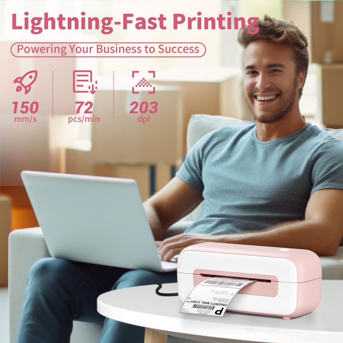 Phomemo Thermal Shipping Label Printer, 4x6 Desktop Thermal Label Printer for Shipping Packages/Small Business/Office/Home, Widely Used for Amazon, Ebay, Shopify, Etsy, UPS, FedEx - Pink (USB Only)