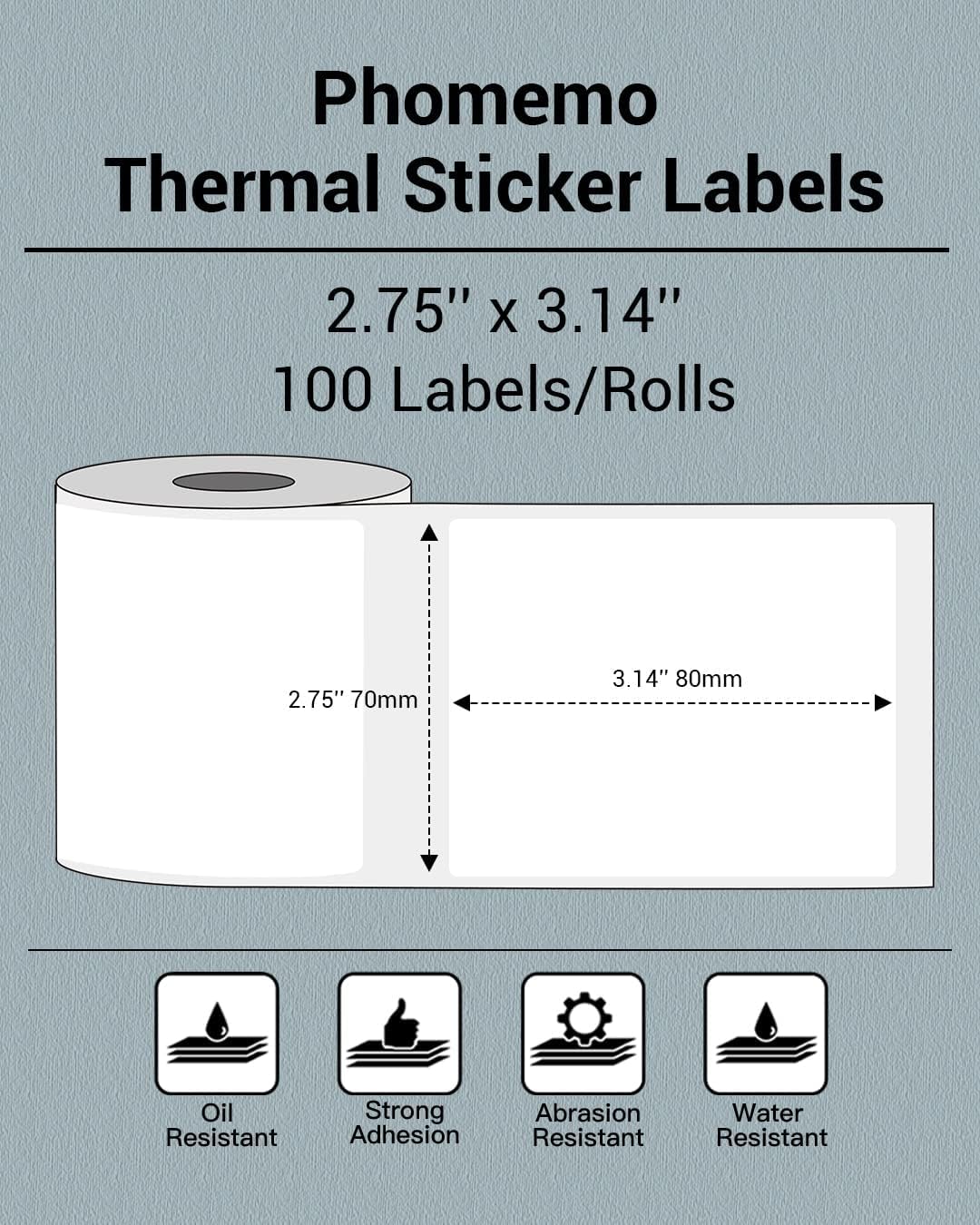 Phomemo Thermal Sticker Labels- 2.75''x3.14''(70x80mm) Thermal Label for M221/M220/M200, for Barcode/Address/Mailing/Logo/Business/Home Tag, Black on White