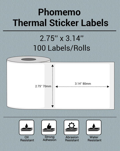 Phomemo Thermal Sticker Labels- 2.75''x3.14''(70x80mm) Thermal Label for M221/M220/M200, for Barcode/Address/Mailing/Logo/Business/Home Tag, Black on White