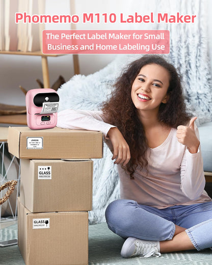 Phomemo -M110 Label Printer Portable Mini Bluetooth Thermal Label Manufacturer for Labelling, Office, Cable, Retail, Barcode and More, Compatible with Android and iOS Systems, Pink