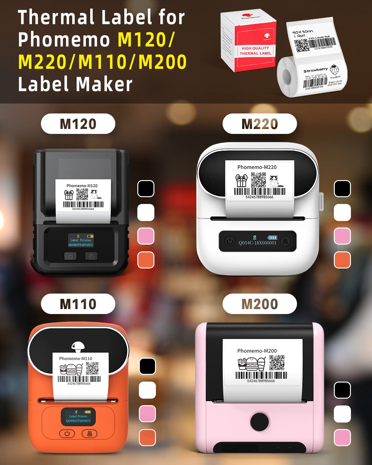 Phomemo 3 rollen labelpapier voor M120/M220/M110/M200/M221 labelmaker machine, multifunctioneel zelfklevend label voor barcode, naam, prijs, adres enz., 50 x 30 mm, totaal 3 rollen