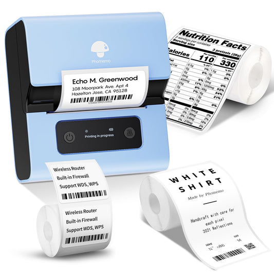 Phomemo New M221 Label Printer, Flagship 3'' Bluetooth Thermal Portable Label Maker - for Address, Barcode, Small Business, Office, Home for Phone, PC/Mac, with 3pack Most Used Labels, Sky Blue