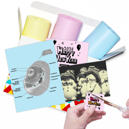 Papier für Sticker Drucker, Drucker Papier für Taschendrucker, Thermopapier für T02/Q02/M02X/M02L, 5 Jahre Nicht Klebrig Phomemo Papier, Rosa/Gelb/Blau Liene Fotodrucker Papier, 3 Rollen 53mm*6.5m