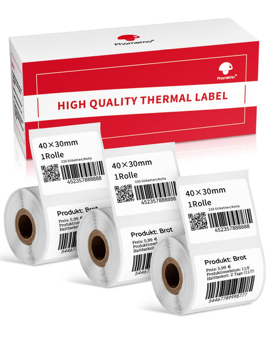 Phomemo 3 rollen thermo-labelpapier voor Phomemo M120/M110/M200/M220 labelprinter, thermopapier voor barcode, naam, prijskaartje etiket 1,57 ''x1,18'' (40x30mm), 230 etiketten/rol