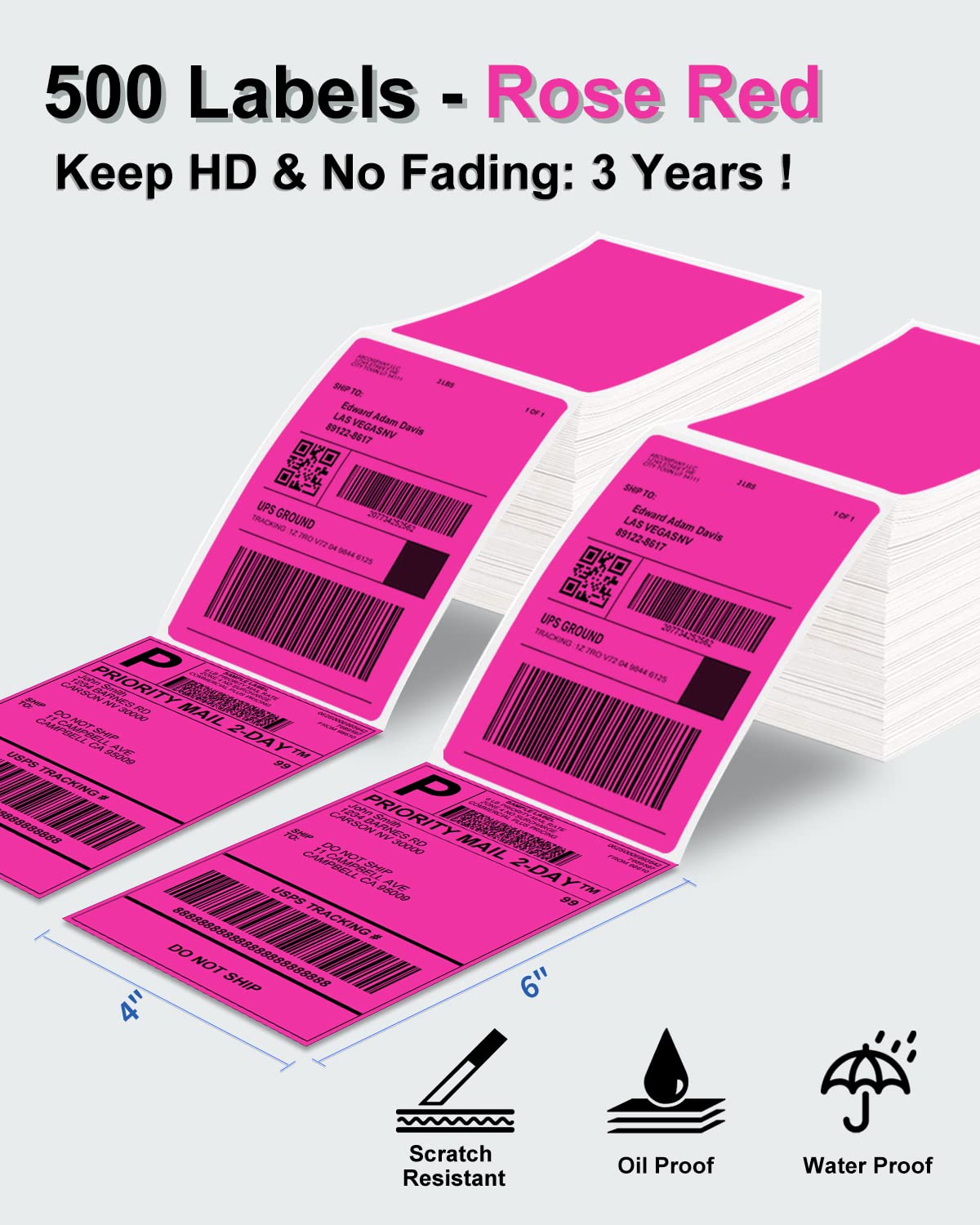 Phomemo 4x6 Thermal Label Printer Paper - 500 PCS Rose Red 4''x6'' Fan-Fold Labels Shipping Supplies Labels - Water/Oilproof Label Stickers - Permanent Adhesive Mailing Labels Paper for Thermal Printer