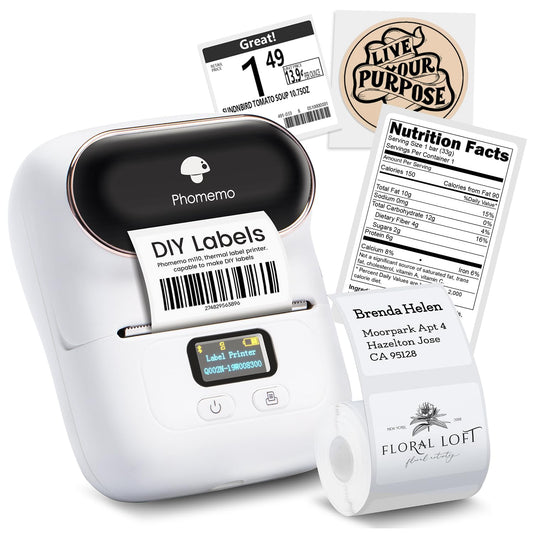 Phomemo Barcode Printer - M110 Thermal Label Printer, Upgraded Bluetooth Portable Label Maker for Small Business, Address, Sticker, Home for Phone; for PC/Mac(USB), with 100pcs Labels, Snow White