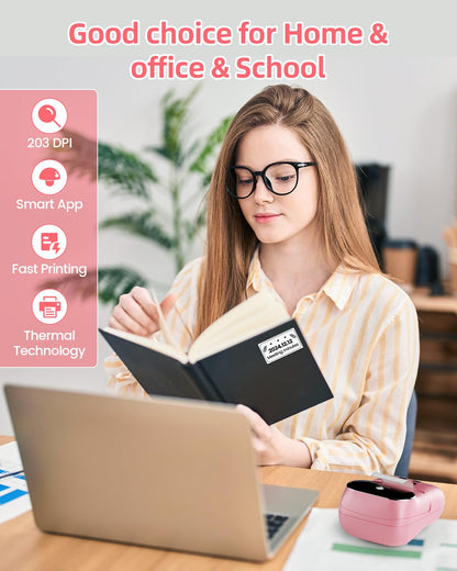 Phomemo -M110 Label Printer Portable Mini Bluetooth Thermal Label Manufacturer for Labelling, Office, Cable, Retail, Barcode and More, Compatible with Android and iOS Systems, Pink