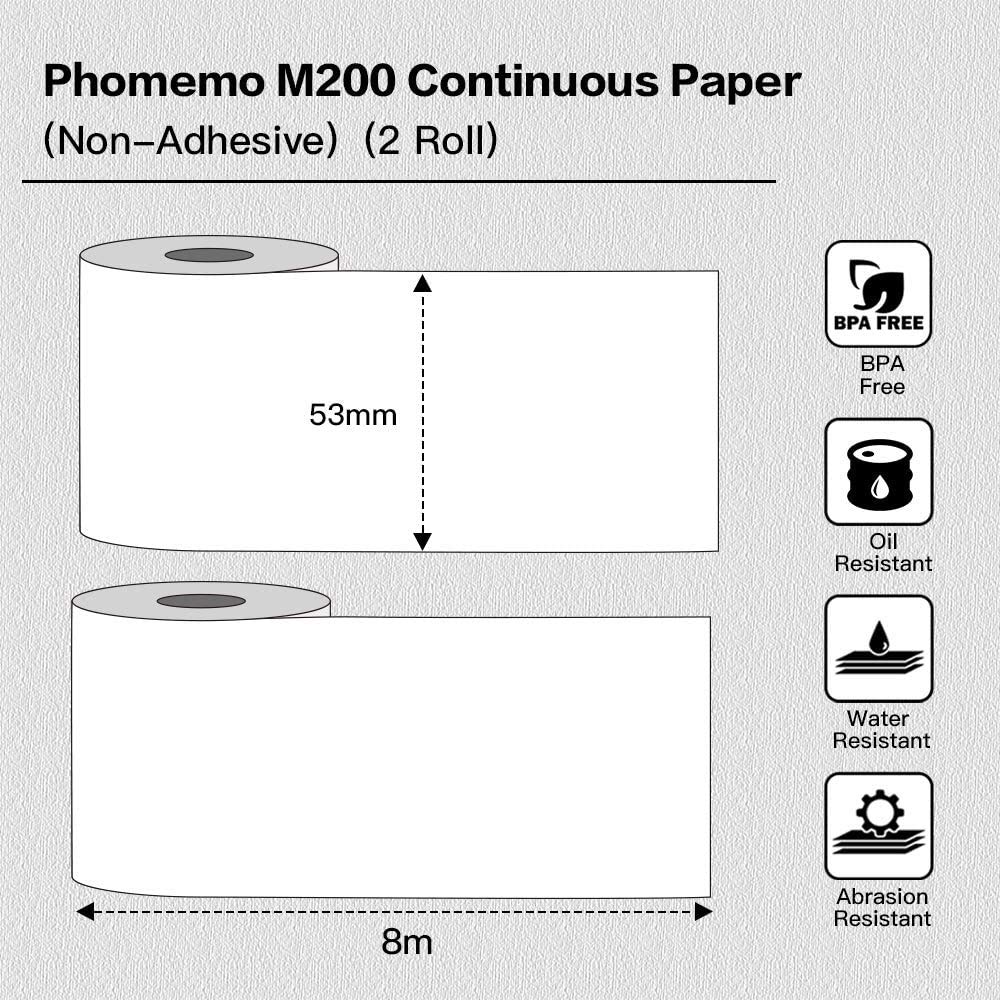 Phomemo 2 rolki termociągłego papieru do etykiet, 53 mm, papier termociągły, kompatybilny z drukarką etykiet Phommeo M200, M221, M220, 53 mm × 8 m/ rolka, 2 rolki