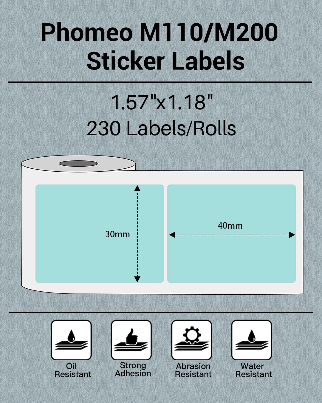 Phomemo Sticker Label M110/M221/M220/M120/M200/M110S Thermal Label- Black on Green 1.57''x1.18''(40x30mm) for Small Business, Home, Office, 230 Labels/Roll